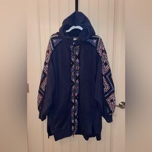 Free People We The Free Embroidered Full Zip Sweatshirt Dress Tunic Navy Small
